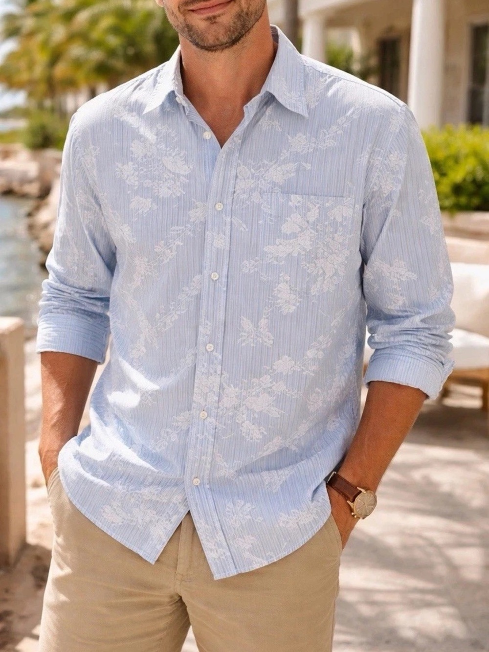 Eddie Bauer Shirt Mens M Blue Floral Stripe Button Down Cotton Casual Resort
